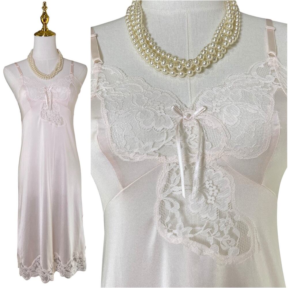 Vintage 60s Pale Pink Nylon Lacy Pinup Full Slip Dress Women's Size S